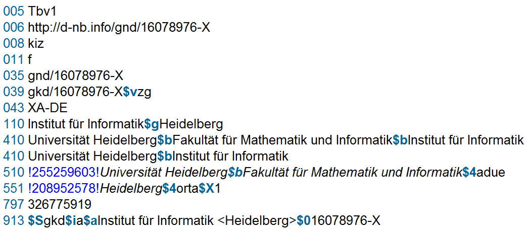Abb. Derzeitiger GND-Datensatz für das Heidelberger Institut für Informatik im SWB