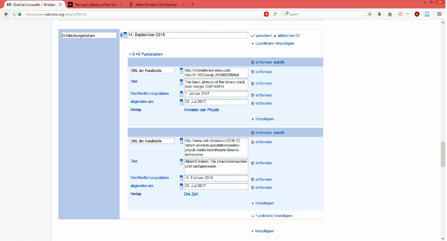 Hinzufügen von zwei Referenzen in Wikidata