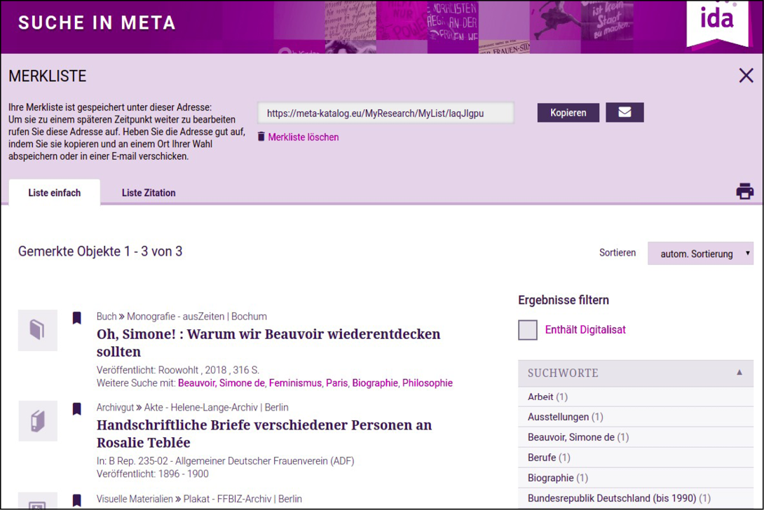 Abb. 4: Merkliste des META-Katalogs