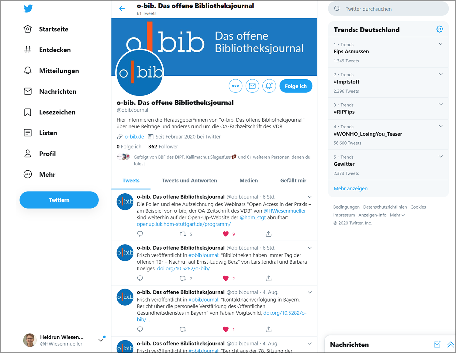 Abb. 2: Das Twitter-Profil von @obibJournal