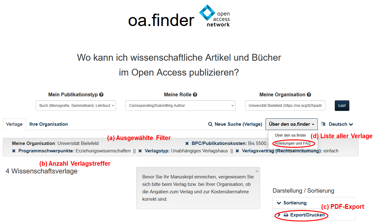 <i>Die wichtigsten Funktionen im oa.finder/book: ausgewählte Filter (a), Anzahl Verlagstreffer (b), PDF-Export (c), Liste aller Verlage (d)</i> Die Abbildung 4 zeigt einen Screenshot aus dem oa.finder/book, in dem durch alphanummerische Hervorhebungen die wichtigsten Funktionen gezeigt werden: ausgewählte Filter (a), Anzahl Verlagstreffer (b), PDF-Export (c), Liste aller Verlage (d)