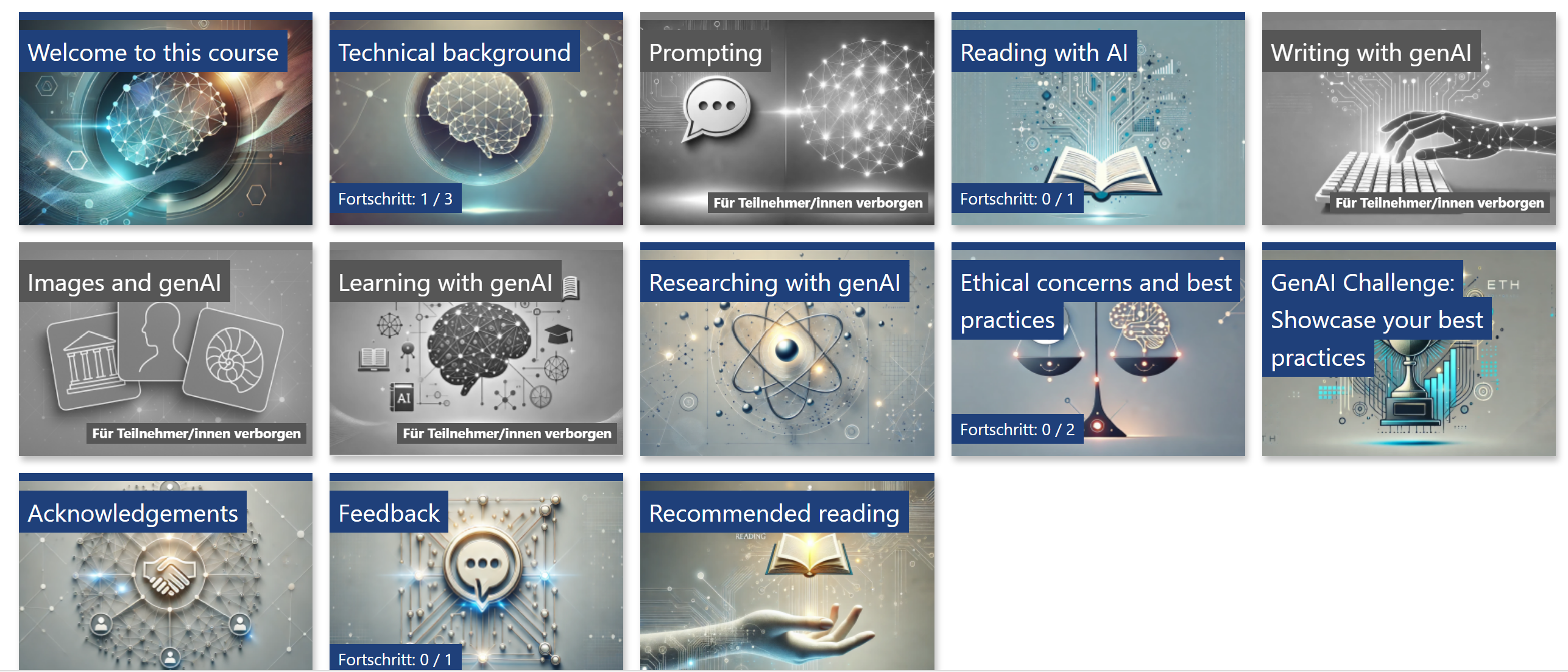 The image shows the 13 tiles representing the sections of the self-paced course. Each tile consists of a title and an image created with the assistance of genAI. In the following, the titles are listed and the corresponding image is describe in brackets: 1. Welcome to this course (networks and light rays in red and blue), 2. Technical background (neuronal network in the shape of a brain), 3. Prompting (speech bubble on the left and neuronal network on the right with a shimmering light ray connecting both), 4. Reading with AI (an open book with wires in the background), 5. Writing with genAI (a keyboard with a robot hand typing on it and wires coming out), 6. Images and genAI (three representations of pictures), 7. Learning with genAI (a brain consisting of a neuronal network with different icons around it), 8. Researching with genAI (representation of an atom in the style of a Bohr atomic model), 9. Ethical concerns and best practices (a balance with a neuronal network in one of the weighing pans), 10. GenAI Challenge: Showcase your best practices (a trophy with blue colors in the background), 11. Acknoledgements (two hands shaking hands and a network in the background), 12. A speech bubble in the middle and wires in the background, 13. Recommended reading (a human hand with the palm facing towards the top where an open book is floating). 