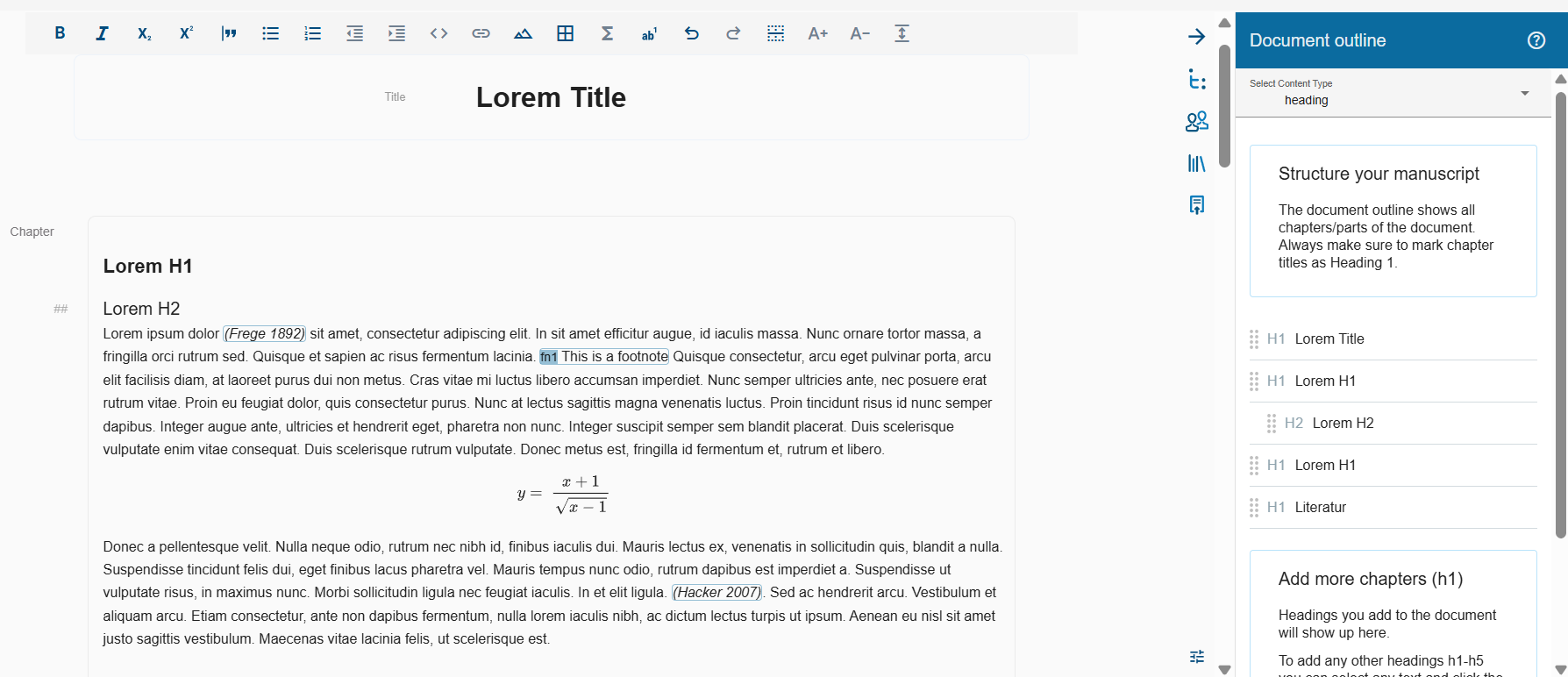 Die Abbildung zeigt die Weboberfläche des OS-APS-Editors. Im Hauptbereich ist ein Beispieltext mit verschiedenen Überschriften, Absatzformatierungen, mathematischen Formeln, einem hervorgehobenen Zitat sowie die mit Zotero hinterlegten Inline-Zitation zu sehen. Am rechten Rand befindet sich eine „Document Outline“-Seitenleiste, die die Gliederung des Dokuments mit den vorhandenen Kapitelüberschriften samt Hierarchie darstellt. Das Editor-Menü, zentriert am oberen Rand, bietet Formatierungsoptionen wie fett, kursiv, Aufzählungen, Einfügen von Tabellen oder Formeln.