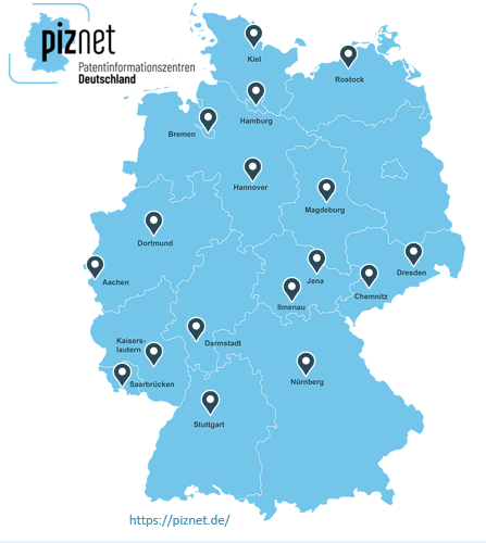 <i>Die deutschen Patentinformationszentren im piznet, Quelle: piznet – Netzwerk deutscher Patentinformationszentren</i> Deutschlandkarte, auf der die Standorte der deutschen Patentinformationszentren eingetragen sind.