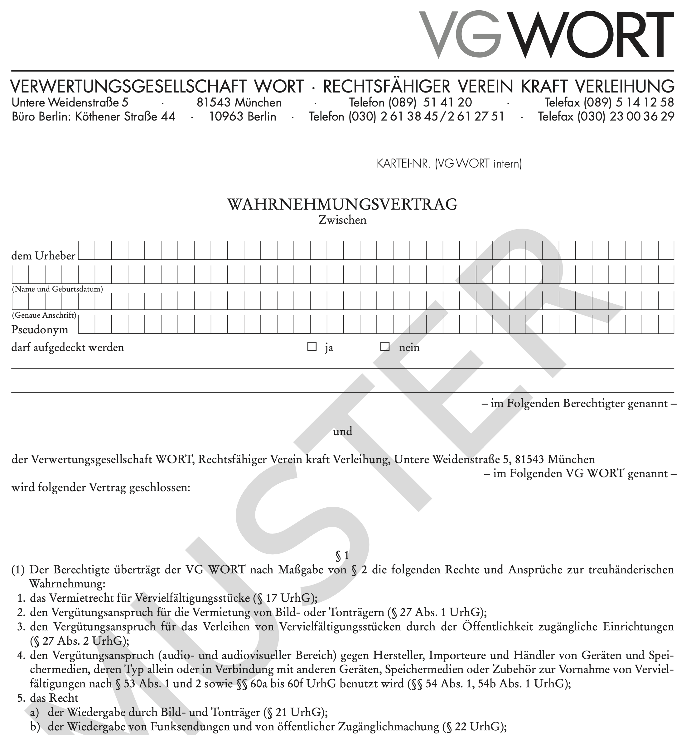 <i>Wahrnehmungsvertrag der VG Wort (Auszug)</i>