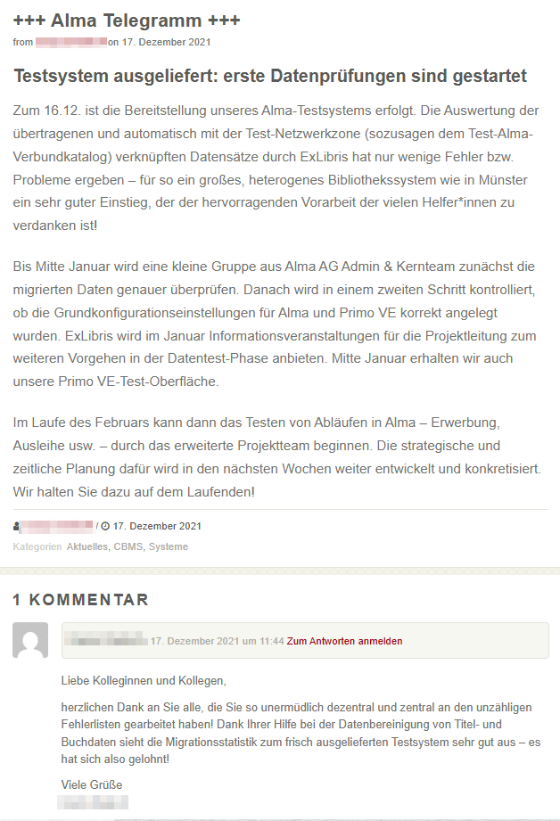 <i>Eins von vielen bibliotheksinternen “Telegrammen” für Kurzinfos zum Stand der Dinge rund um Alma für das gesamte ULB-Team</i>