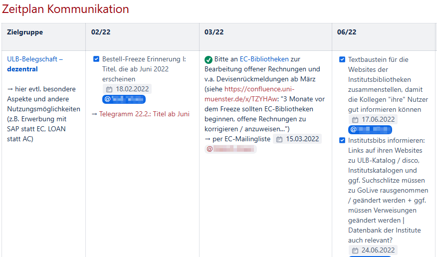 <i>Ausschnitt aus der Tabelle zur Kommunikationsplanung für die Zielgruppe “ULB-Kolleg*innen in den dezentralen Bibliotheken”</i> Screenshot einer Tabelle aus dem Wiki mit mehreren Spalten zum zeitlichen Ablauf der Kommunikationsplanung des Projekts für alle betroffenen Zielgruppen