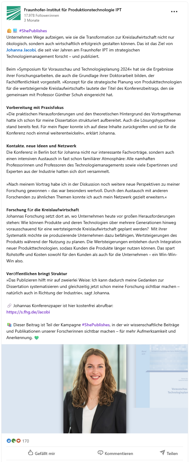 Screenshot eines LinkedIn-Beitrags zur #ShePublishes-Kampagne des Fraunhofer IPT. Der Beitrag besteht hauptsächlich aus Text. Unten ist das angehängte PDF zu sehen, auf der ersten Seite das Foto der Autorin.