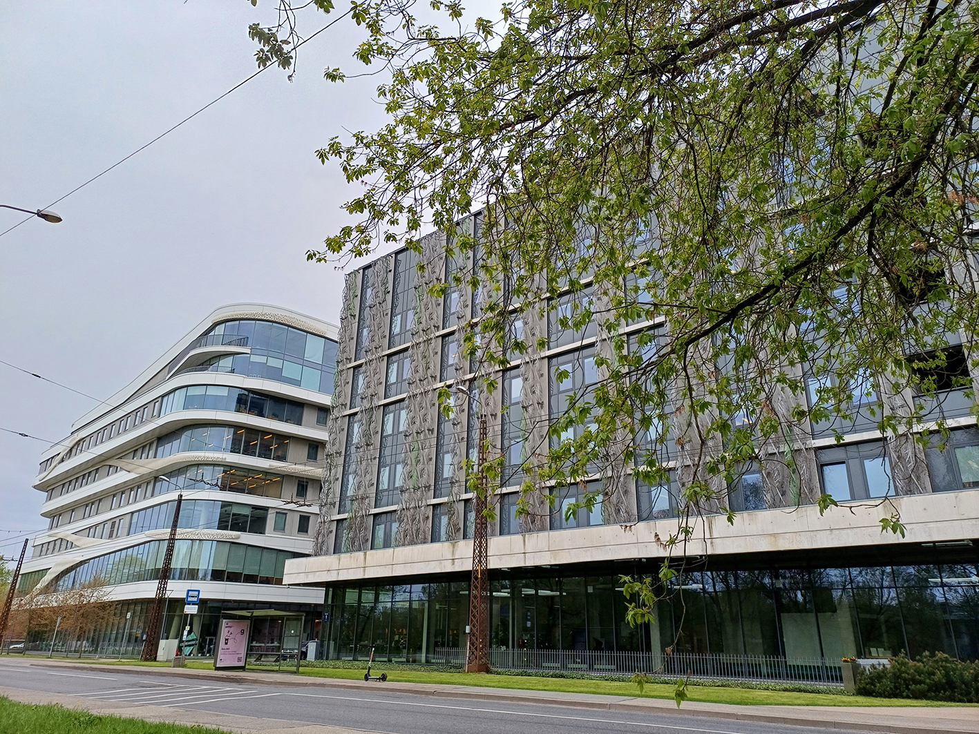 Die Abbildung zeigt die Stadtbibliothek Pärnu mit einem kleinen Denkmal vor dem Eingang und der Spiegelung des Stadtraums in der Glasfassade. 
