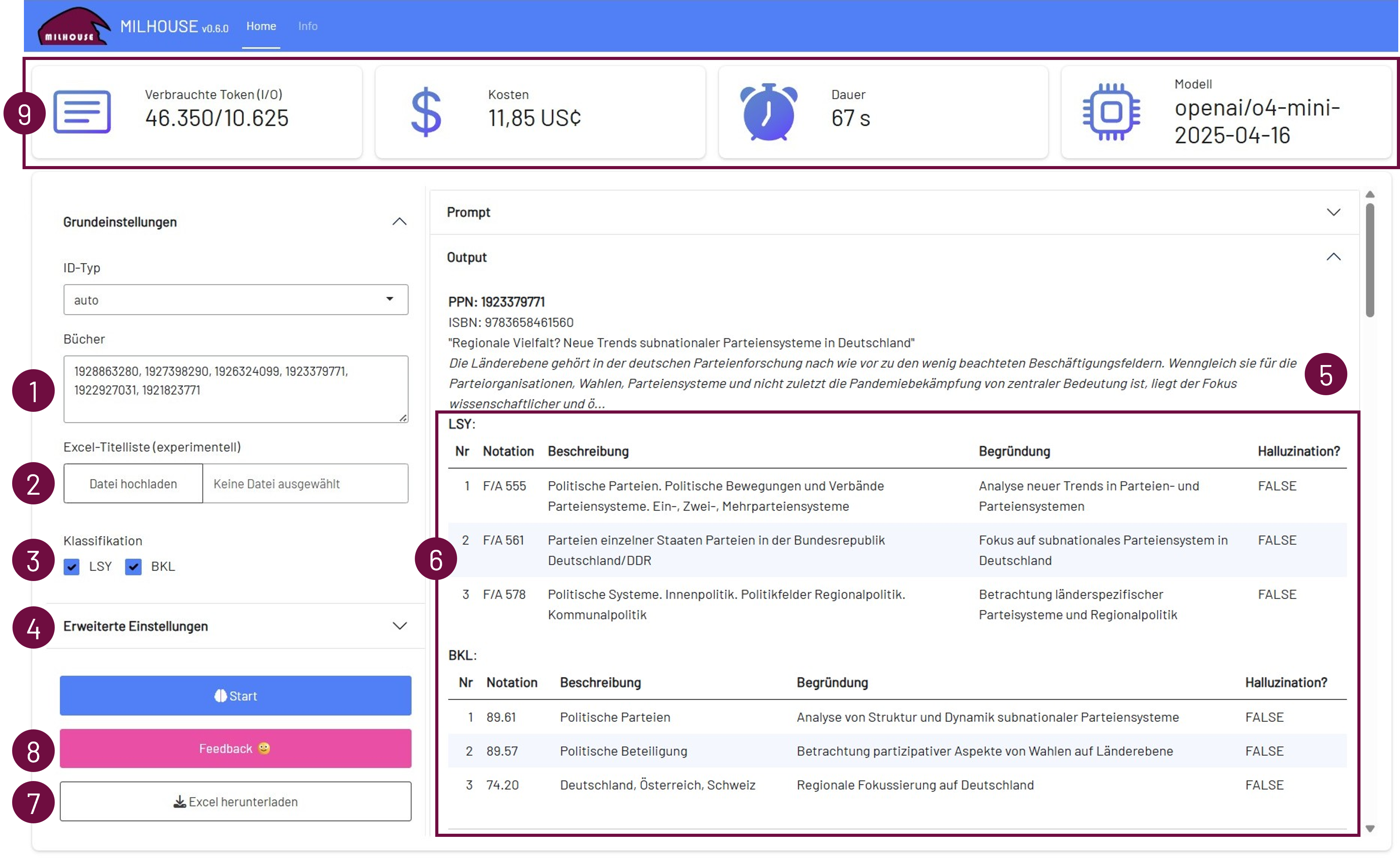 Abb. 3: Screenshot der Webanwendung MILHOUSE Screenshot der Webanwendung MILHOUSE (Version 0.6.0) zur automatisierten Sacherschließung. Oben werden Verbrauchsdaten angezeigt: Tokenverbrauch, Kosten (11,85 US-Cent), Dauer (67 Sekunden) und das verwendete Modell (openai/o4-mini-2025-04-16). Links befindet sich der Einstellungsbereich mit Eingabefeldern für Buch-IDs (1), optionalem Excel-Upload (2), Auswahl der Klassifikation (LSY oder BKL, 3) sowie erweiterten Einstellungen (4). Darunter liegen die Schaltflächen Start (7), Feedback (8) und Excel herunterladen (7). Rechts erscheint der Prompt- und Output-Bereich (5) mit bibliografischen Metadaten und den vom Modell vorgeschlagenen Notationen (6). Für jede Notation werden Beschreibung, Begründung und ein Halluzinations-Flag angegeben. Oben rechts ist das MILHOUSE-Logo mit Navigationspunkten Home und Info sichtbar (9).