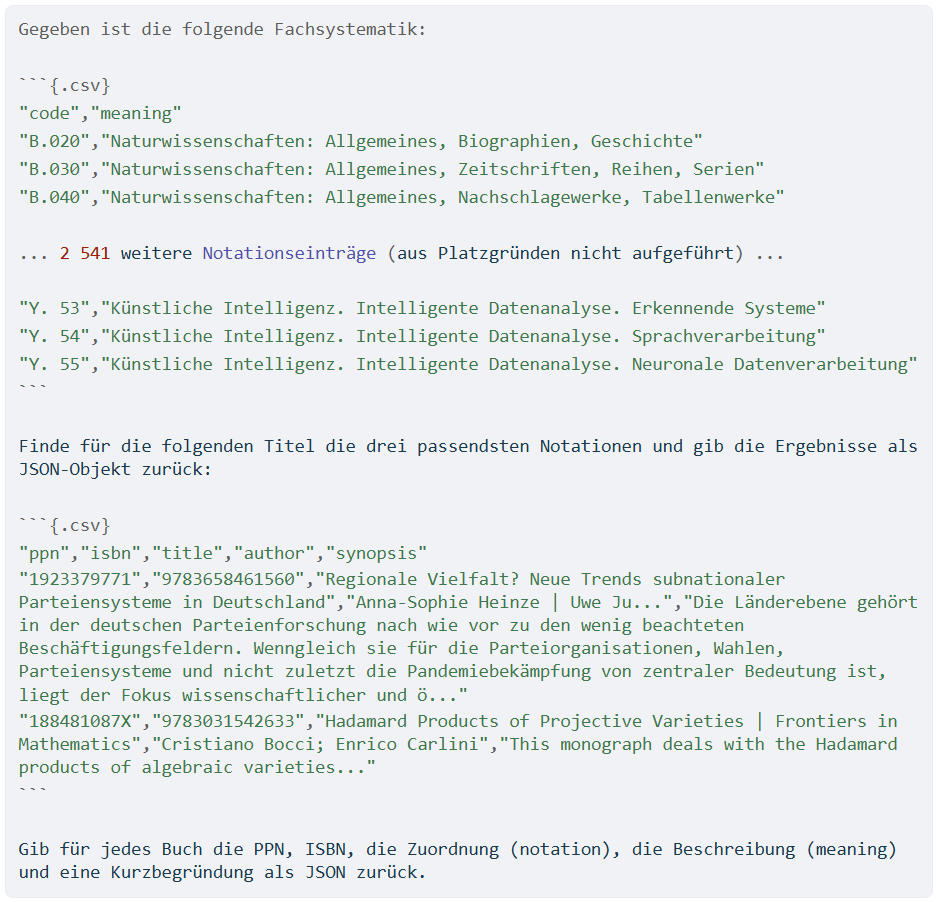 Abb. 4: Beispiel eines strukturierten Prompt-Setups in MILHOUSE Screenshot eines strukturierten Prompts mit zwei CSV-Blöcken: Zunächst eine Fachsystematik mit Notationscodes und zugehörigen Bedeutungen (z. B. Naturwissenschaften, Künstliche Intelligenz), anschließend bibliographische Angaben zu zwei Büchern mit PPN, ISBN, Titel, Autor und Inhaltszusammenfassung. Darunter folgt die Arbeitsanweisung an ein Sprachmodell, für jeden Titel die drei passendsten Notationen zu ermitteln und das Ergebnis inklusive Kurzbegründung als JSON-Objekt auszugeben.