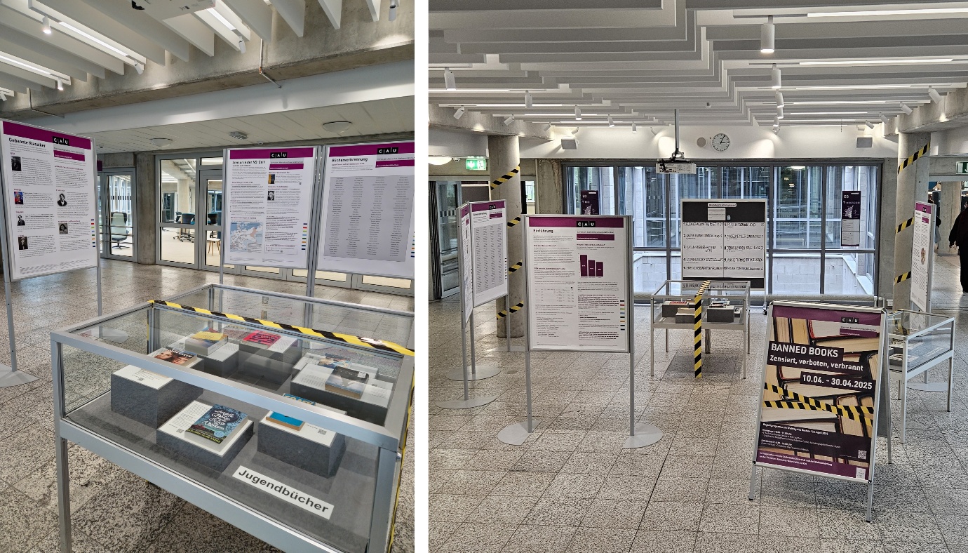 <i>Die Ausstellung zu Book Bans an der UB Kiel. Die Vitrinen wurden mit auf maßgefertigten Podesten ausgestellten Büchern befüllt (links), Poster mit Zusatzinformationen und einer Zeitleiste aufgestellt (links und rechts) sowie ein Aufsteller, der den Anlass der Ausstellung gut sichtbar verdeutlichte (rechts). Fotos: privat</i> Gezeigt sind zwei Bilder. Links ist die Nahaufnahme zweier Vitrinen zu sehen, die an der Längsseite zusammengeschoben sind. In den Vitrinen befinden sich jeweils drei unterschiedlich hohe Podeste, auf denen je ein Buch mit einem Infotext liegen. Die Informationen und Buchtitel sind auf dem Foto nicht lesbar. In der vorderen Vitrine ist ein Zettel mit der Aufschrift „Jugendbücher“ erkennbar. Über die „Nahtstelle“ der beiden Vitrinen ist ein schwarz-gelb gestreiftes Absperrband gespannt. Im Hintergrund sind 3 Infotafeln einer Ausstellung zu sehen. Das rechte Bild zeigt eine Übersicht über die Ausstellung, die in einem Flur vor einem Lichthof aufgebaut ist. Links und rechts führen Türen in angrenzende Räume. Im Vordergrund steht ein Aufsteller mit dem Werbeplakat der Ausstellung. Darauf stehen der Titel „BANNED BOOKS“ sowie in der nächsten Zeile der Titelzusatz „Zensiert, verboten, verbrannt“, darunter die Ausstellungsdaten 10.04.–30.04.2025. Im unteren Bereich des Plakats befinden sich zwei Kästen in unterschiedlichen Lila-Tönen mit auf dem Foto nicht lesbaren Text. Der Hintergrund des Plakats besteht aus einem Bild, auf dem die Oberseite von Buchblöcken zu sehen ist. Über die Bücher wurden zwei schwarz-gelb gestreifte Absperrbänder gelegt. Dicht hinter dem Aufsteller ist eine Vitrine mit Büchern erkennbar. In der Raummitte stehen die beiden Vitrinen vom linken Foto sowie kreisförmig darum angeordnet vier Infotafeln und die Tafel aus Abbildung 1. Zwei Säulen, die rechts und links der Ausstellung stehen, sind mit schwarz-gelbem Absperrband umwickelt.