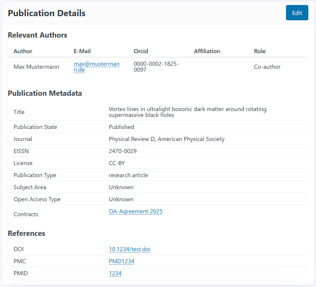 Übersicht über die Publikationsmetadaten auf der Detailseite eines Förderantrags in tabellarischer Form. Dargestellt werden Autor*innen, Titel, Publikationsstatus, Zeitschrift, E-ISSN, Lizenz, Publikationstyp, Fachbereich, Open-Access-Typ, Vertrag und Identifier (PMC, PMID und DOI). 