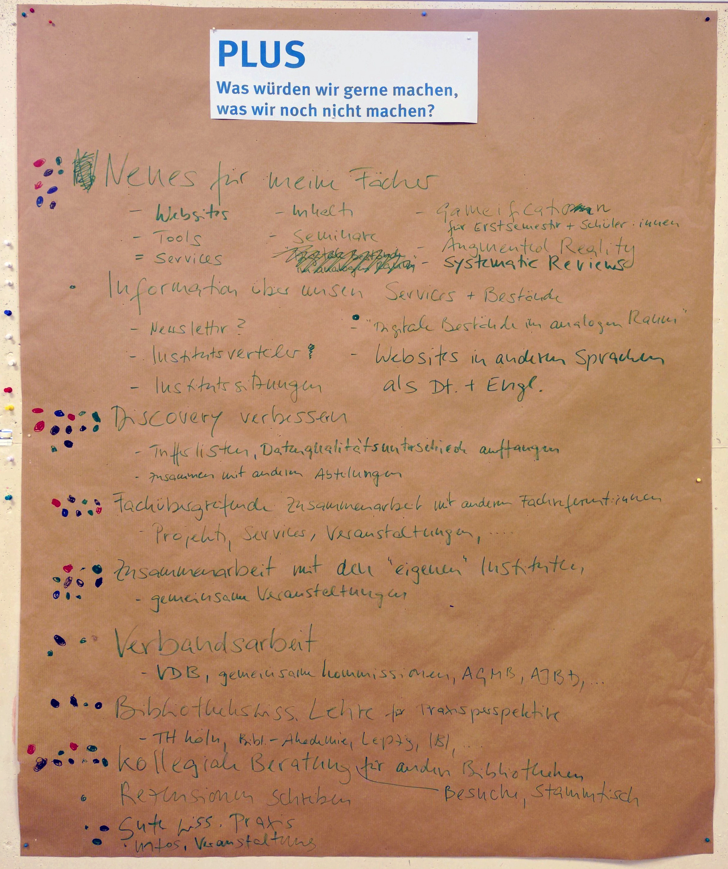 Pinnwand mit dem Titel „Plus – was würden wir gerne machen, was wir noch nicht machen?“. Darunter handschriftliche Workshopnotizen mit Themen wie „Discovery verbessern“, markiert durch farbige Zustimmungspunkte.