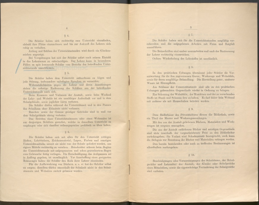 Ein Scan der Schulordnung der Höheren Webschule zu Chemnitz von 1899, Seite4-5 