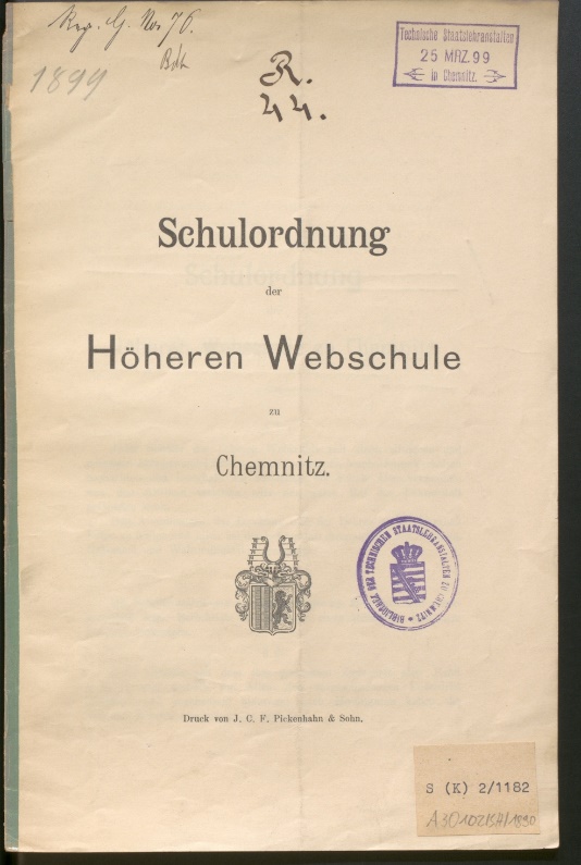 Ein Scan der Schulordnung der Höheren Webschule zu Chemnitz von 1899
