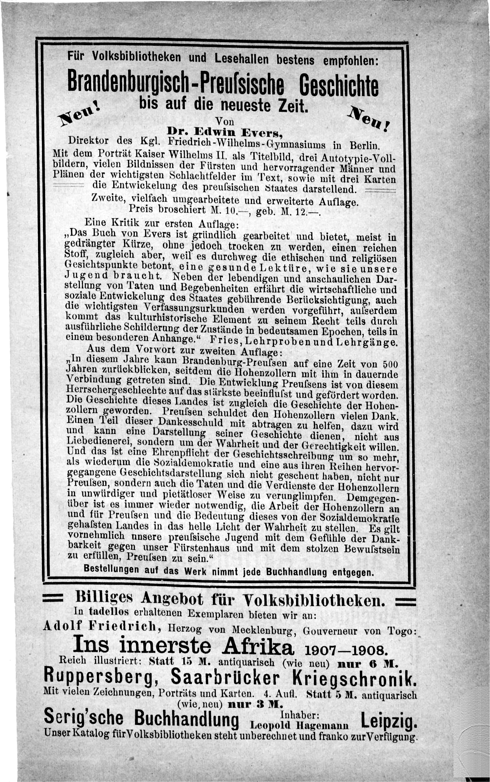 Umschlagseite 3 der «Blätter für Volksbibliotheken und Lesehallen», Ausgabe 11/12, Jahrgang 1912. Viele der Anzeigen sahen so aus.<a data-type="endnote-call" data-number-width="2" id="enrefizllaqpoee4" href="#enizllaqpoee4" target="_self">17</a> Anzeigen für verschiedene Bücher. Die erste ist ein langer Text, welcher in einem Rahmen gesetzt wurde und sich auf ein Buch bezieht. Die anderen sind durch verschiedene Schriftarten und -stärken gestaltet.