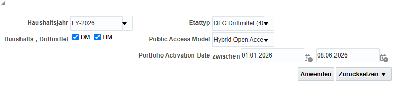 Die Abfrage erlaubt einige Filtermöglichkeiten zur Einschränkung auf bestimmte Haushaltsjahre, Etat-Typen, Open-Access-Farben und Publikationsdaten. Diese sind als Drop-Down-Menüs, Checkboxen oder Datumseingabefeld gestaltet
